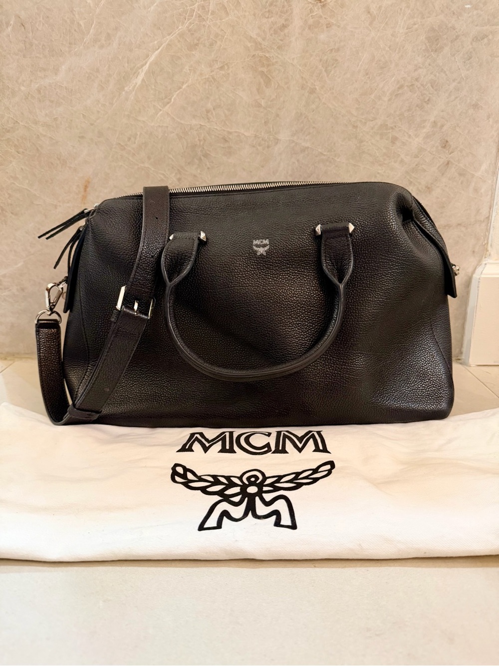 MCM Black Pebbled Leather Duffel with Detachable Strap